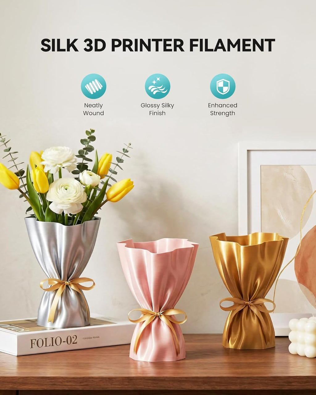 Silk PLA Filament 1.75Mm, 1Kg(2.2Lbs), 330 Meters, Silky Brass | Neatly Wound Shiny PLA 3D Printer Filament, Dimensional Accuracy +/- 0.02Mm, Fit Most 3D Printers, Good Vacuum Packaging