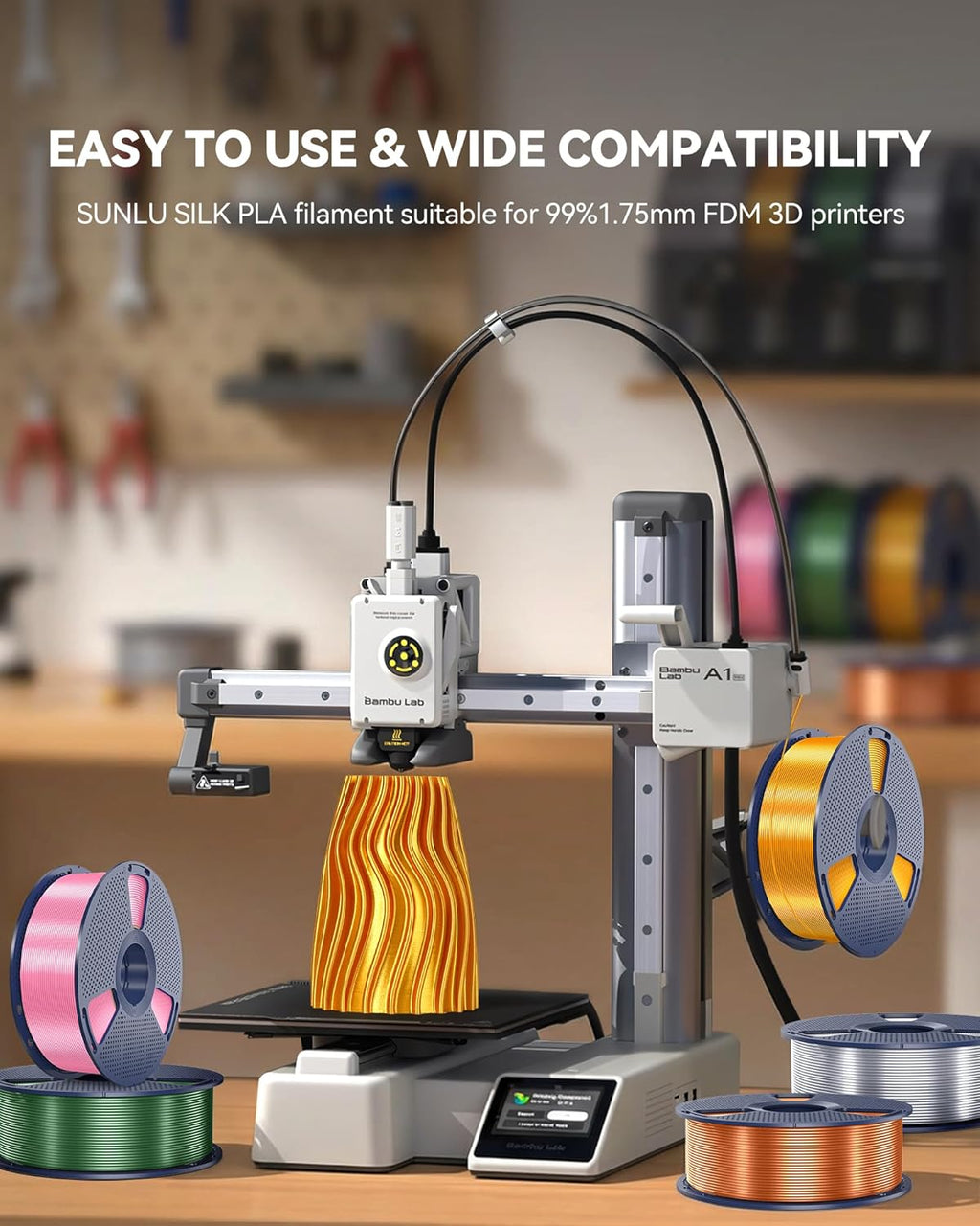 Silk PLA Filament 1.75Mm, 1Kg(2.2Lbs), 330 Meters, Silky Brass | Neatly Wound Shiny PLA 3D Printer Filament, Dimensional Accuracy +/- 0.02Mm, Fit Most 3D Printers, Good Vacuum Packaging
