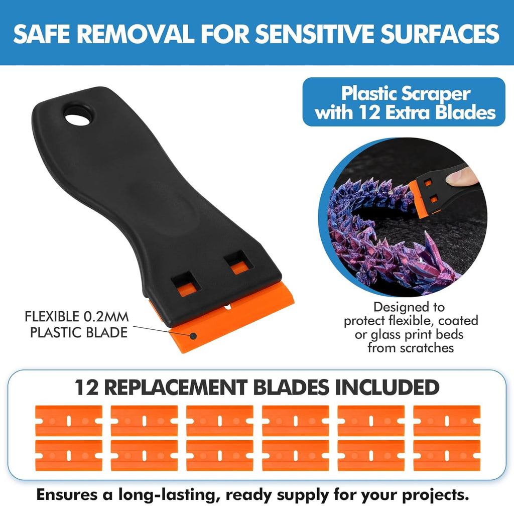 14Pcs 3D Printer Scraper Tool, Plastic Scraper for Scratch Free Removal | Angled Metal Scraper for Stubborn Prints, Includes 12 Replacement Plastic Blades