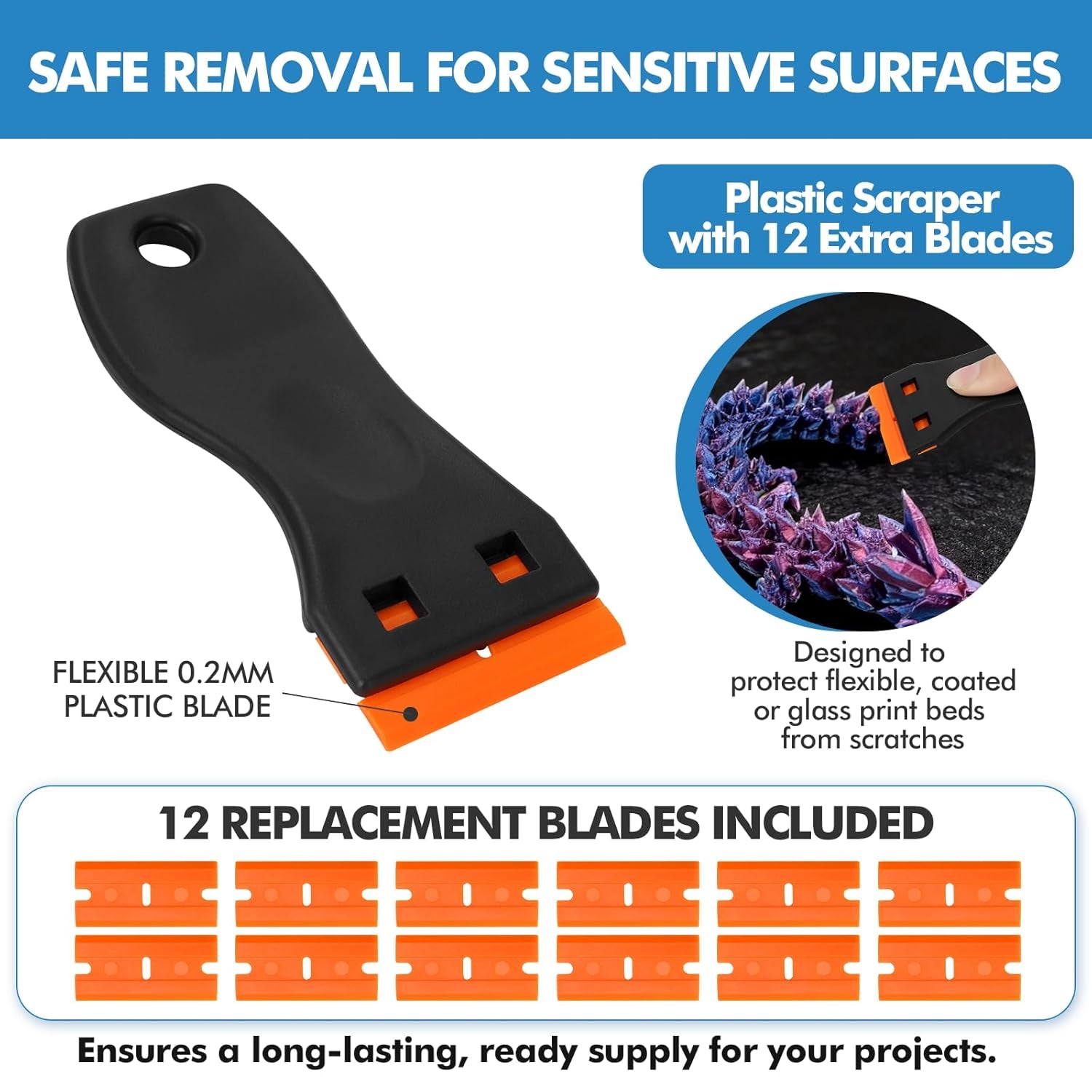 14Pcs 3D Printer Scraper Tool, Plastic Scraper for Scratch Free Removal | Angled Metal Scraper for Stubborn Prints, Includes 12 Replacement Plastic Blades